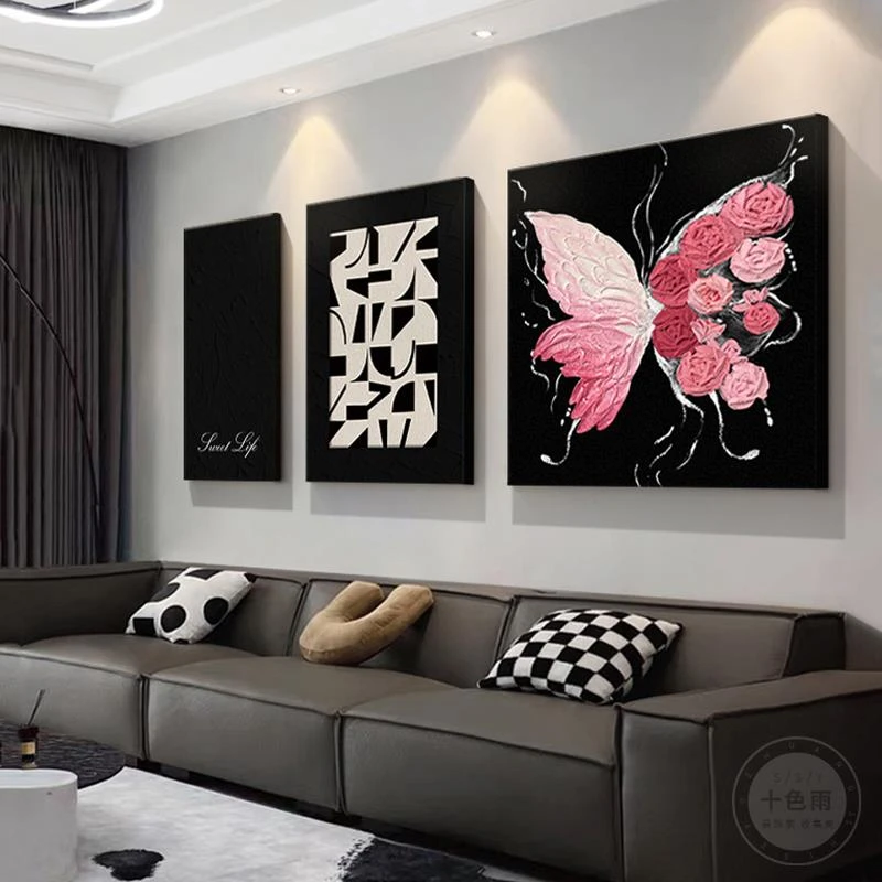 现代客厅装饰画黑白蝴蝶沙发背景墙挂画2025新款高级客厅三联壁画