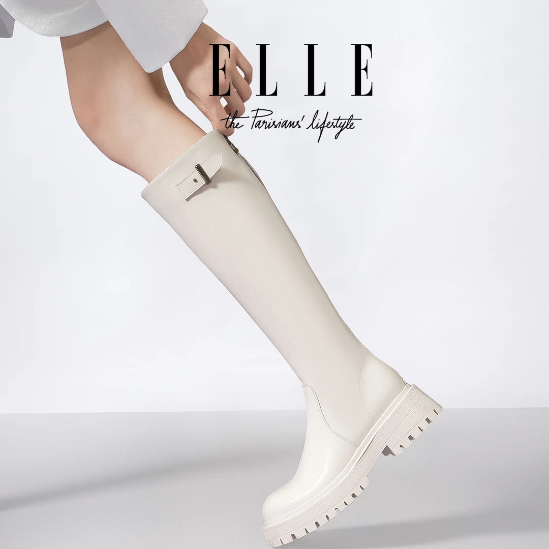 ELLE女鞋白色厚底增高靴子百搭长筒靴2025新款法式圆头高筒骑士靴