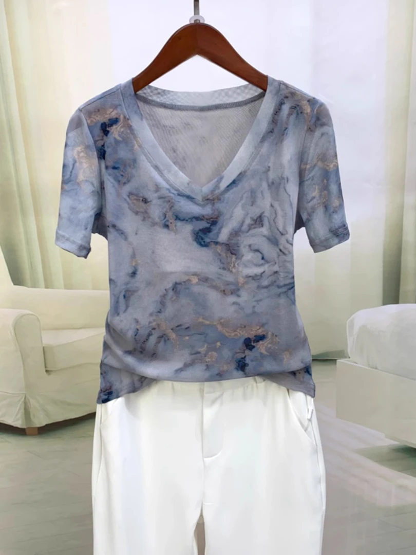 花色扎染复古显瘦蓝色T恤短袖夏季休闲纱网女士印花气质V领1623#