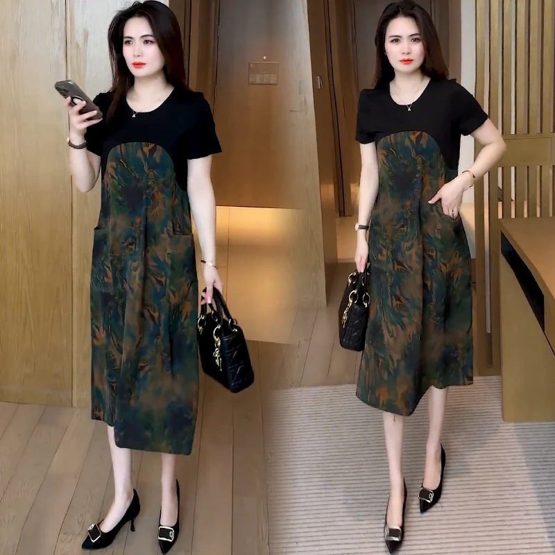 时尚印花连衣裙女2025夏季新款洋气宽松显瘦遮肚拼接假两件中长裙