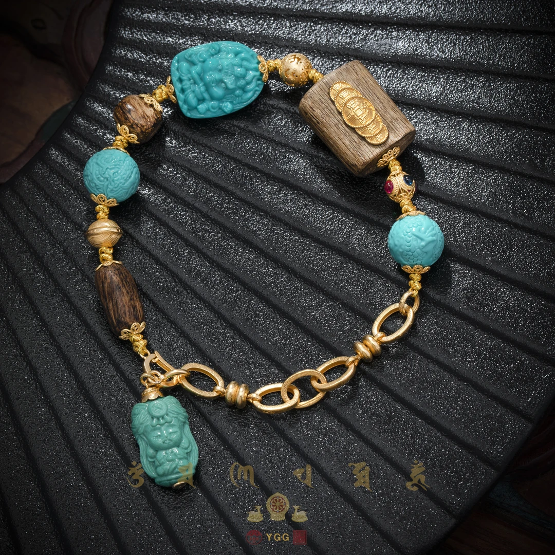 员格格【孤品】18K金五帝q沉香牌手链/绿松六臂大黑/PQCF62