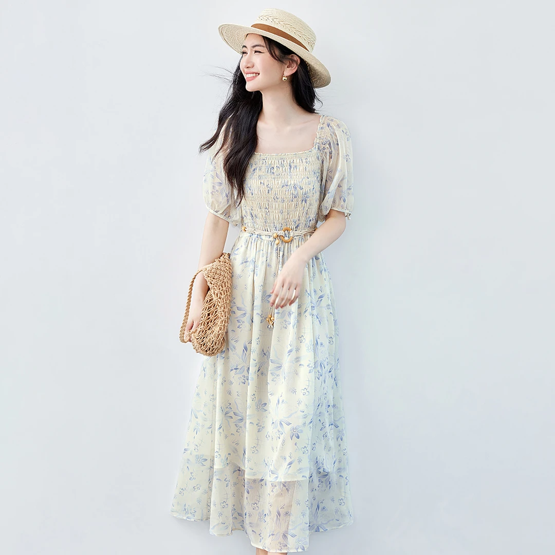 【朗系列 旗舰同步】方领打揽设计感收腰碎花裙2025夏