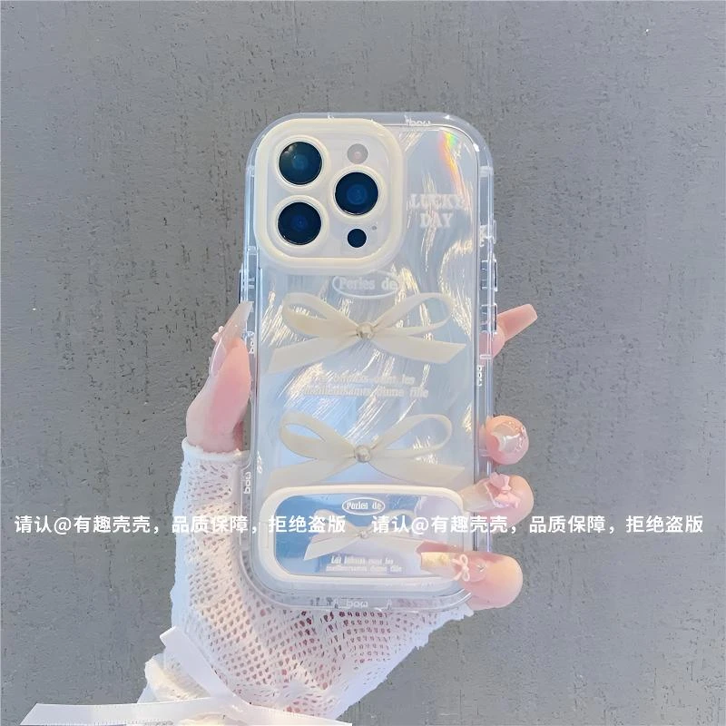 羽纱蝴蝶结镜面支架适用苹果16手机壳华为vivo新款小米15OPPO防摔