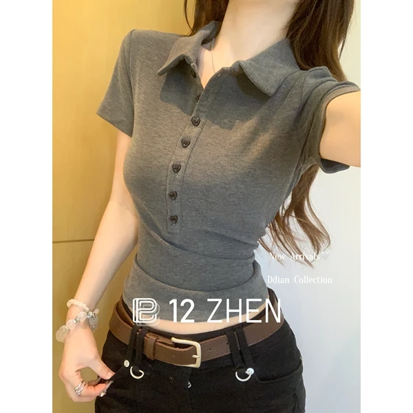 2025早春韩版简约Polo领设计感百搭修身正肩纯色短袖T恤上衣女