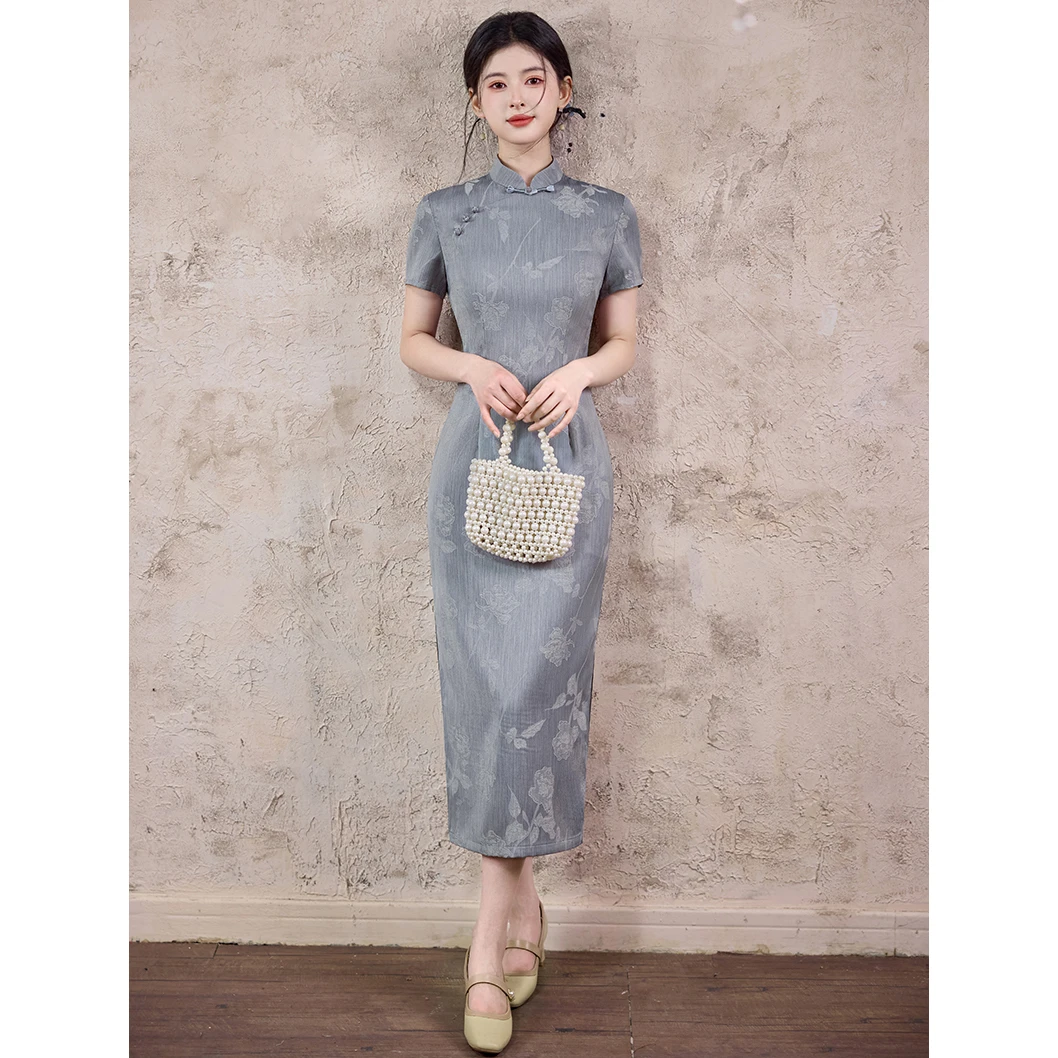 复古风灰色短袖提花旗袍2025年夏季新款高级感气质名媛修身新中式