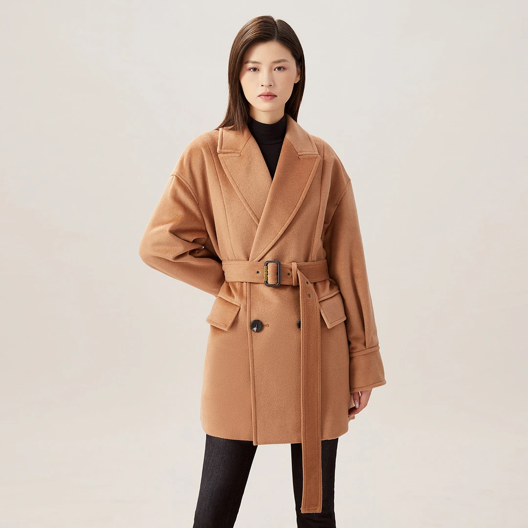 哥弟新款女装宽松时髦西装领百搭绵羊毛中长款厚大衣外套1400625