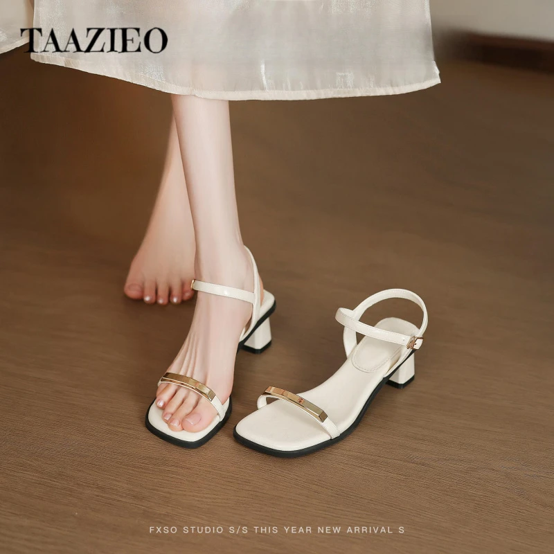 TAAZIEO羊皮版百搭一字气质粗跟凉鞋女2025夏季新款简约搭扣金属