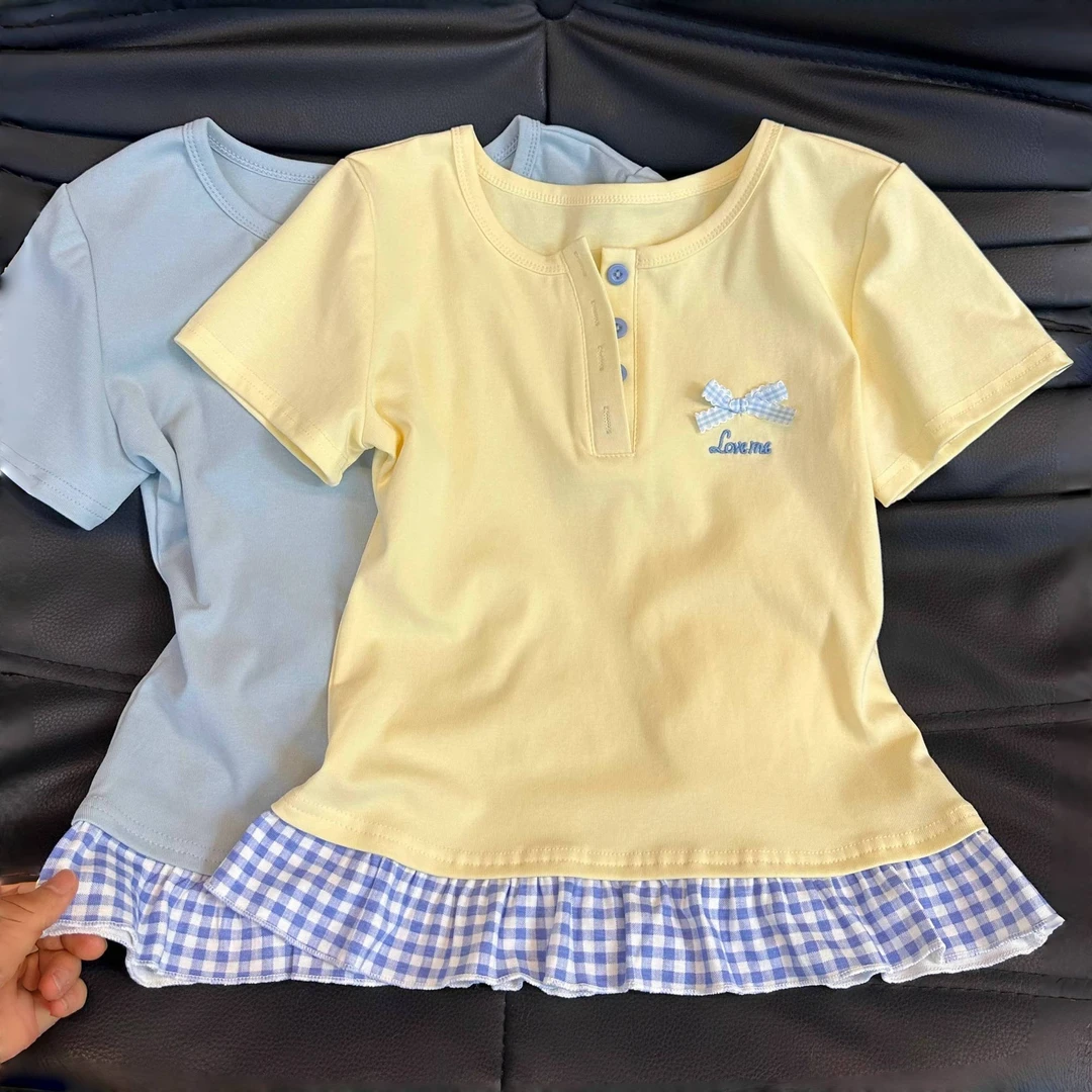 女童夏装短袖上衣2025新款中大童夏季T恤假两件上衣女孩洋气裙子