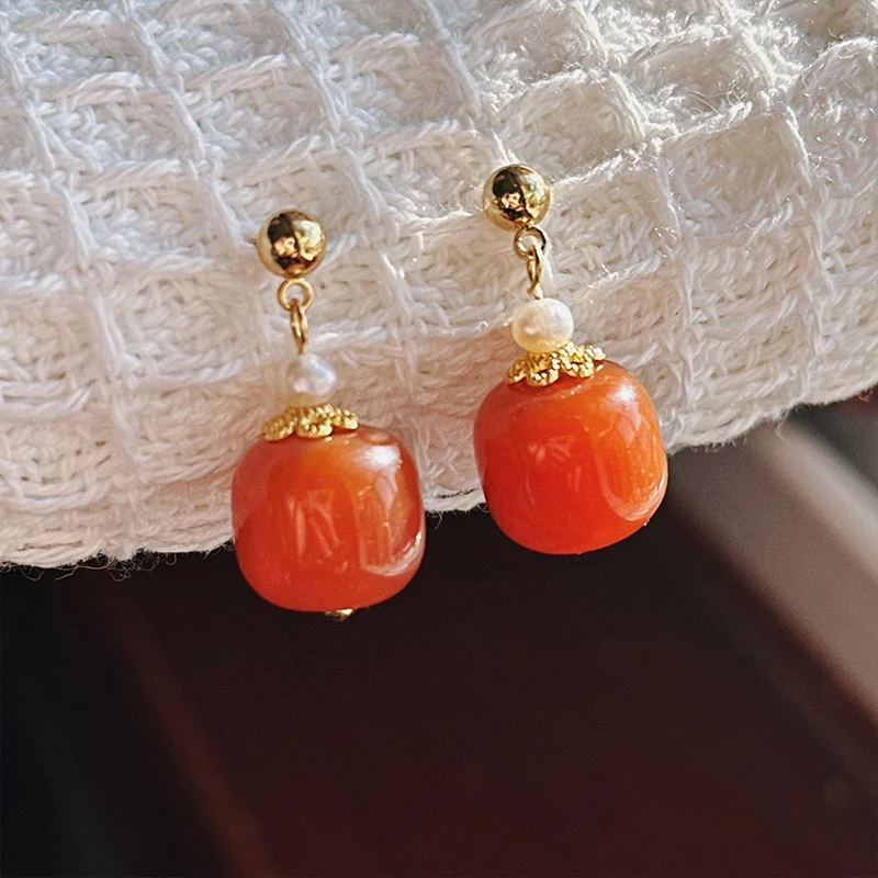 新中式国风南红玛瑙耳环耳饰S925银针 旗袍耳坠