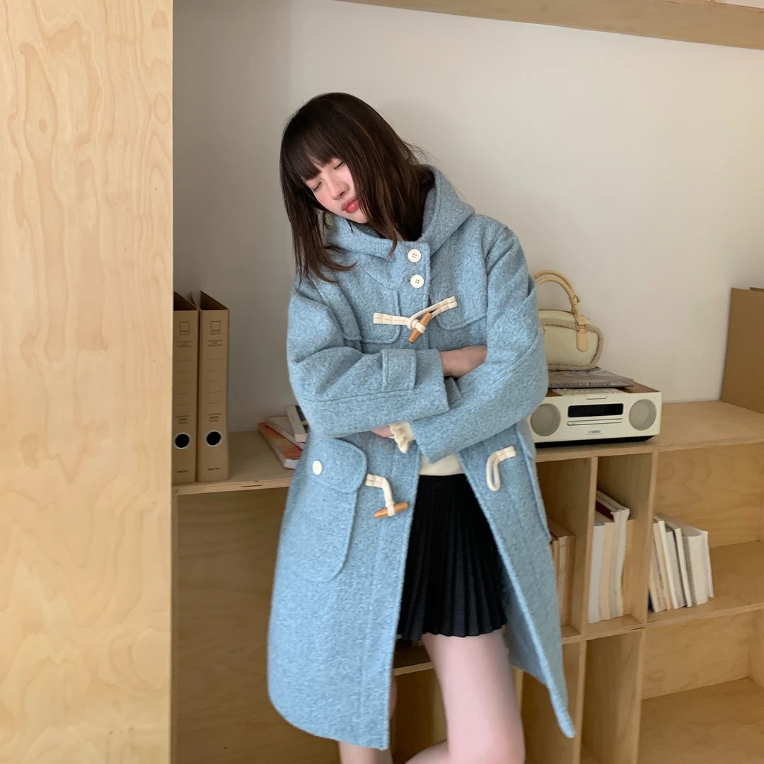 东京岁时记jk秋冬学院风蓝色毛呢外套女小个子中长款呢子秋冬大衣