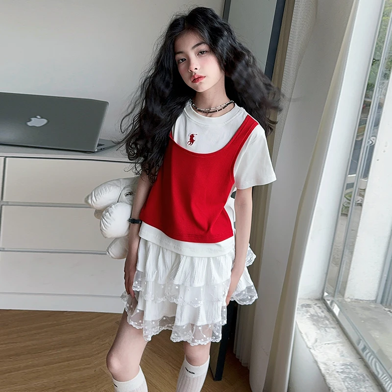 女童套装时尚夏季撞色假两件短袖T恤百搭蕾丝裙裤两件套2025儿童