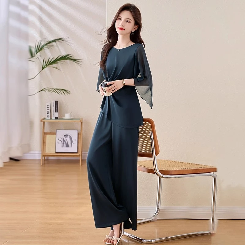 大码女装胖mm夏季时尚套装薄款透气雪纺短袖上衣高腰阔腿裤两件套