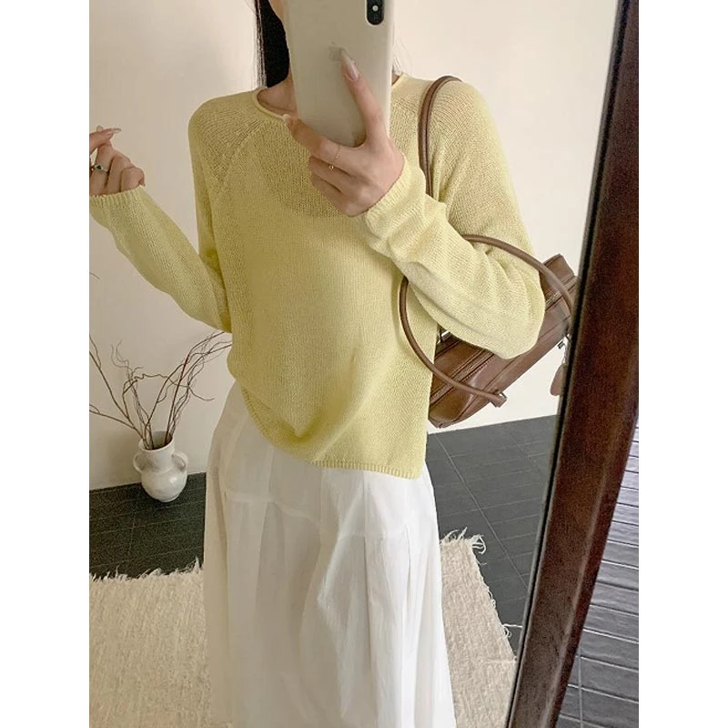 2025春秋韩式新款纯色百搭圆领长袖针织衫女个性简约宽松透气上衣