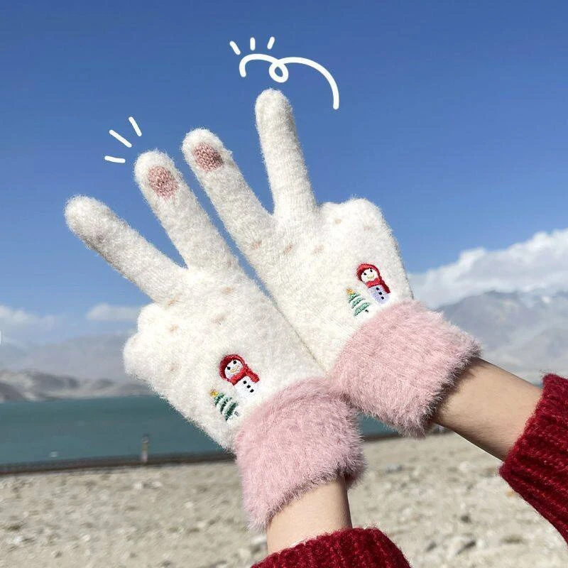 女秋冬季可爱雪人毛绒针织全包分指毛茸手套保暖拉绒触屏学生骑行