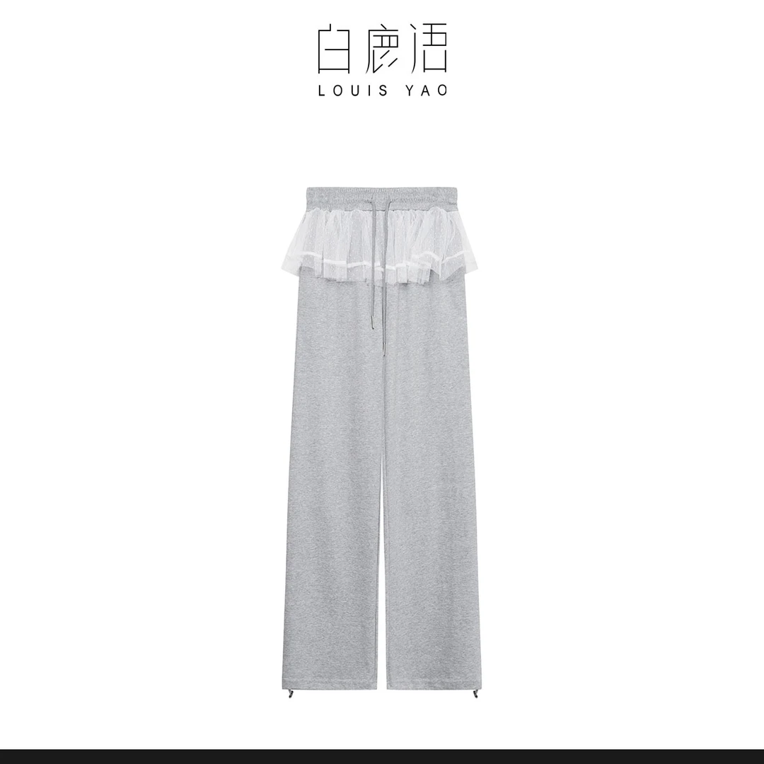 白鹿语欧若精灵风休闲花边直筒宽松橡筋腰女休闲裤BY20215