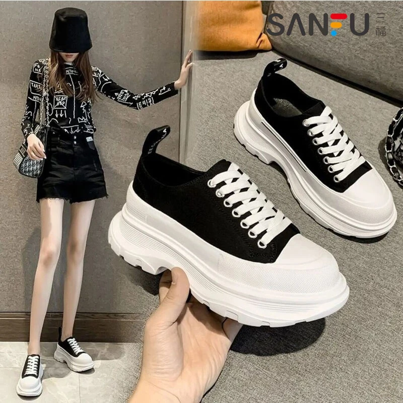 三福帆布鞋女2025春秋季百搭增高厚底女鞋四季单鞋老爹鞋小白鞋女