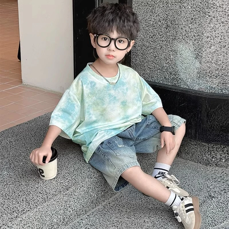 男童夏装短袖T恤2025新款儿童夏季帅气扎染半袖上衣男孩宽松纯棉