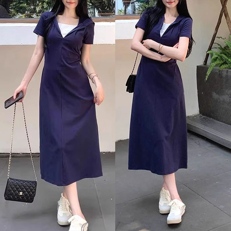 法式时尚假两件连帽拼接连衣裙女2025新款夏季收腰显瘦绝美小裙子