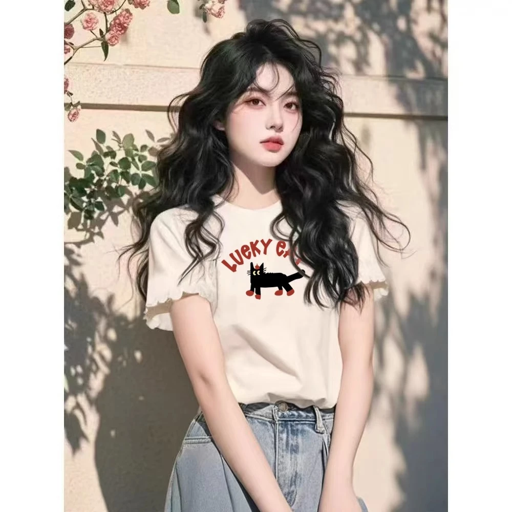 欧货圆领纯棉短袖t恤女2025夏新款宽松正肩拼接设计休闲别致上衣