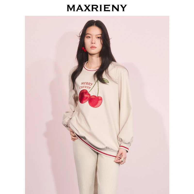 【芊芊专属】MAXRIENY樱桃刺绣宽松卫衣女25冬款套头圆领长袖上衣