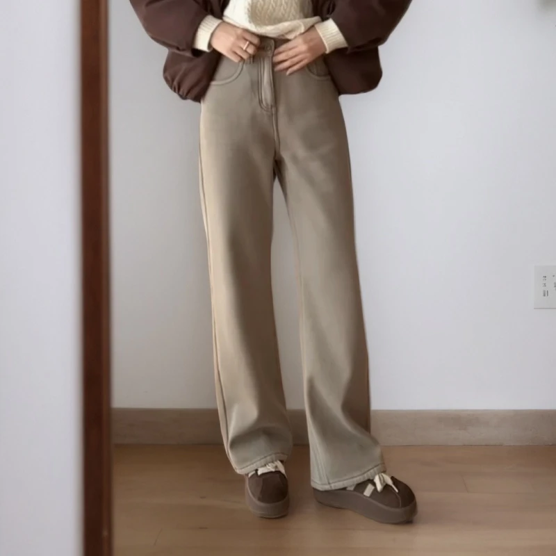 冬季时尚气质百搭显瘦加厚加绒高腰阔腿牛仔裤LK2508503