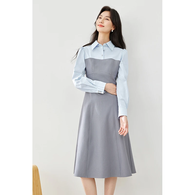 *梵希蔓优雅假两件连衣裙春秋新款套头拼接衬衫裙连衣裙30307