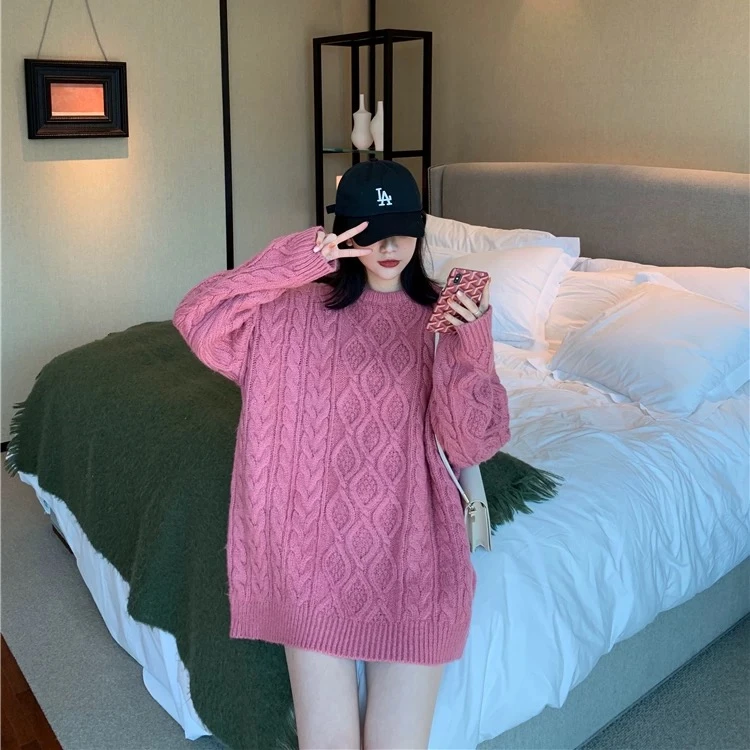 长袖圆领针织衫秋冬新款慵懒风麻花大版毛衣软糯亲肤中长款外穿