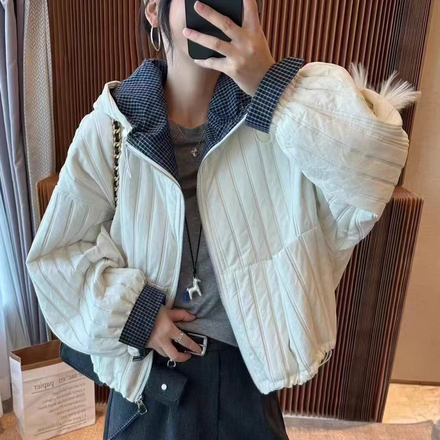 设计感连帽拉链竖条薄棉外套女2025秋季新款宽松显瘦百搭洋气