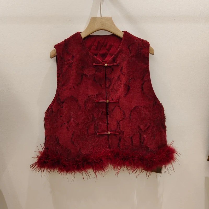 国风提花可拆卸鸵鸟毛雪尼尔马甲女时尚盘扣圆领夹棉上衣秋季新款