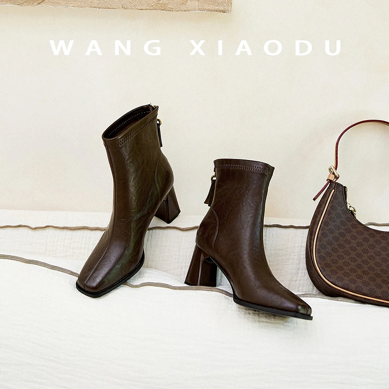 【王小毒】高跟伴履●7cm方头短靴女粗跟通勤弹力优雅短筒瘦瘦靴