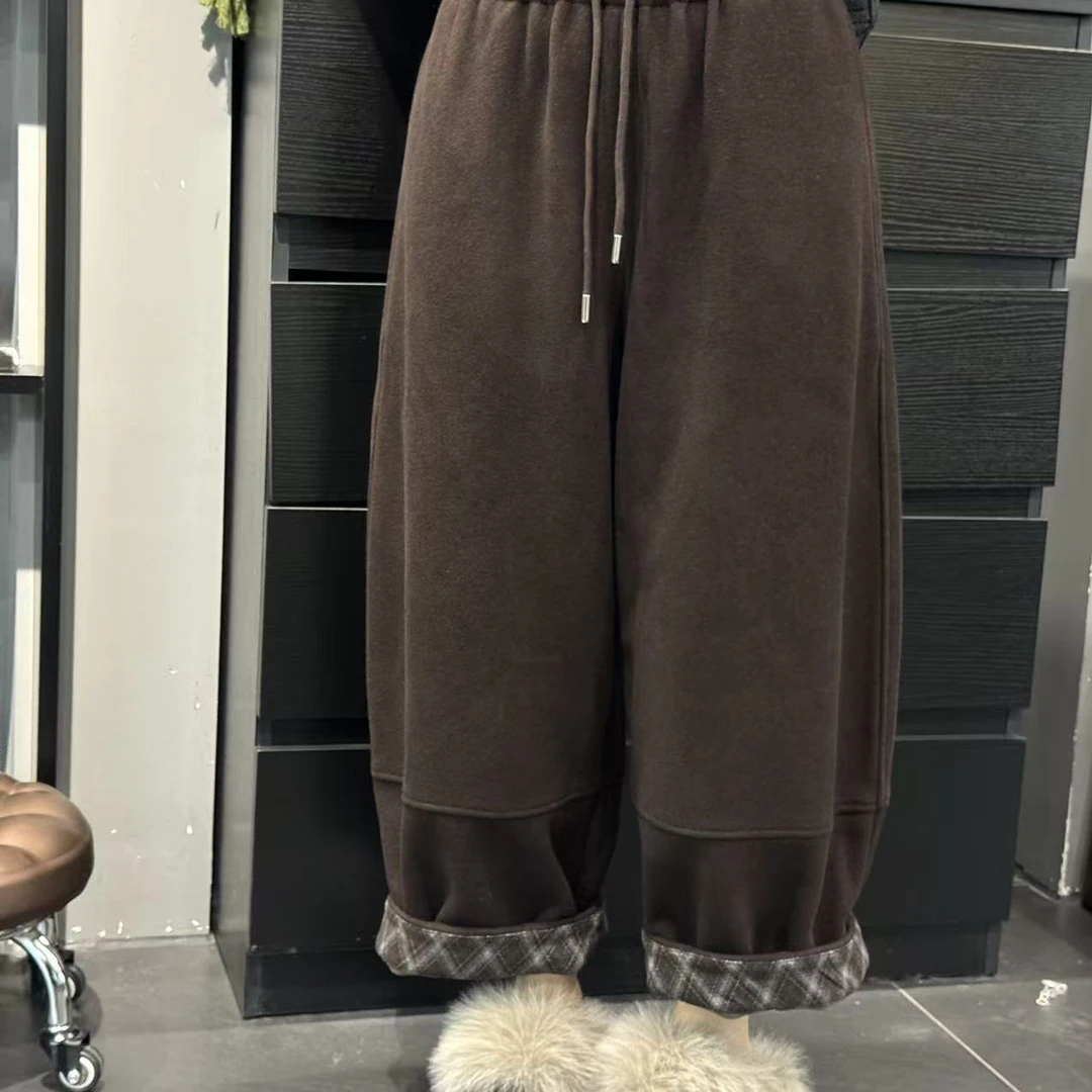 j9993冬新款加绒加厚格子宽松百搭阔腿休闲裤