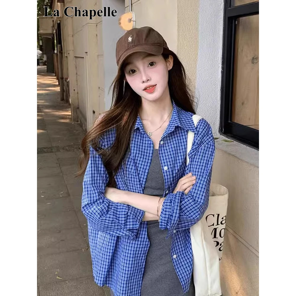 拉夏贝尔蓝色格纹Polo领衬衫外套洋气衣服女春夏宽松长袖上衣衬衣