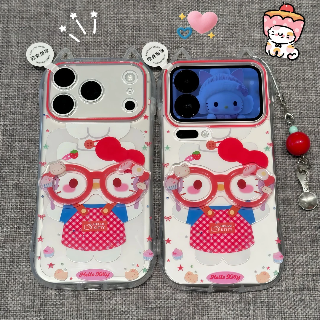 欧克里里玫红框眼镜KT适用苹果17/16猫耳手机壳华为vivooppo小米