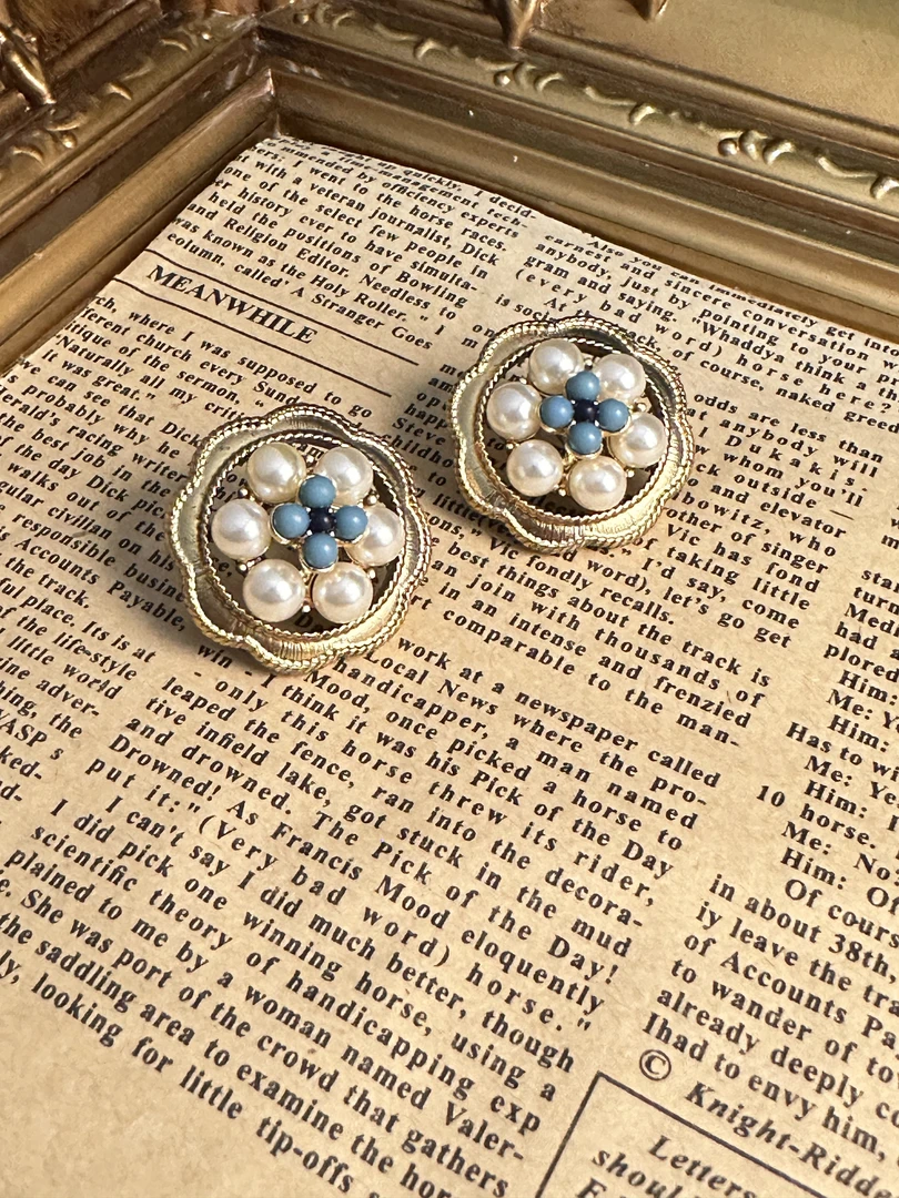 铜合金仿珍珠耳饰 中古镀金仿珍珠蓝色石头耳饰 E2818