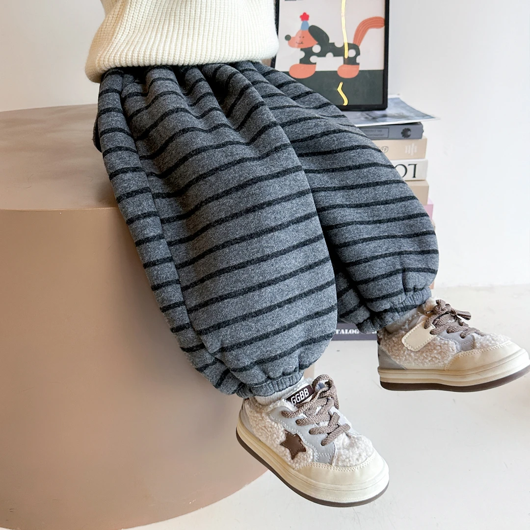 女童条纹休闲裤儿童加绒加厚运动裤小女孩宝宝秋冬装2025新款裤子