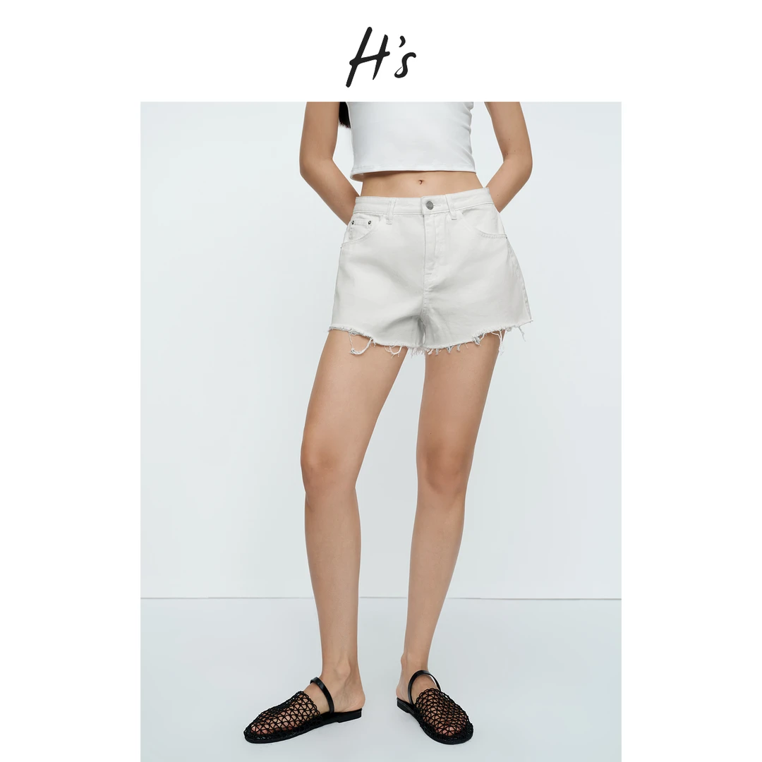 H'S白色全棉牛仔裤女夏新款宽松设计A字剪边高腰牛仔直筒短裤