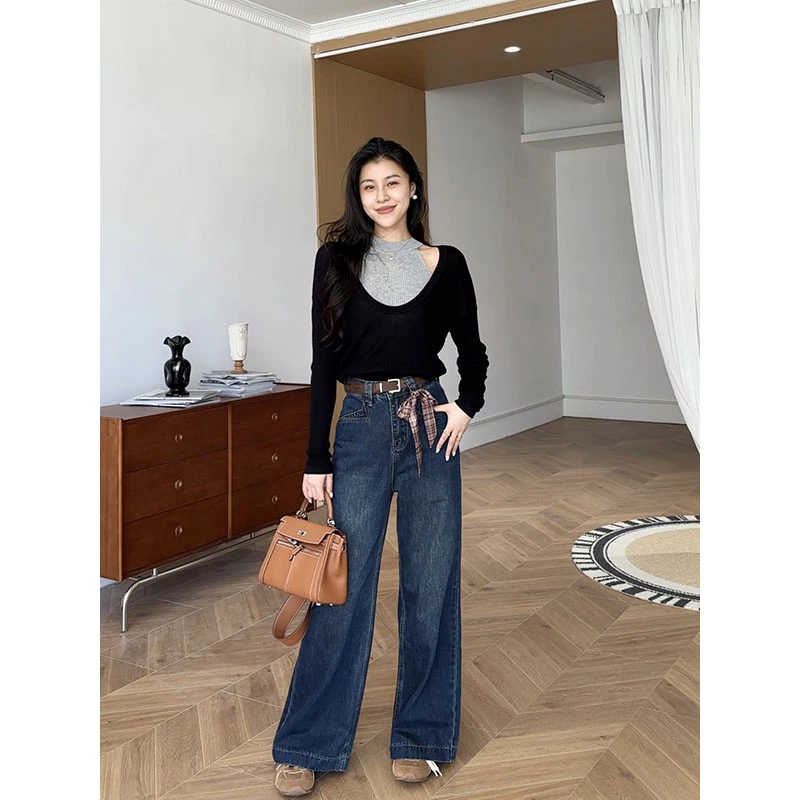 张阿星【单宁松弛】秋季时尚简约高腰水洗复古腰带牛仔裤W425X13636