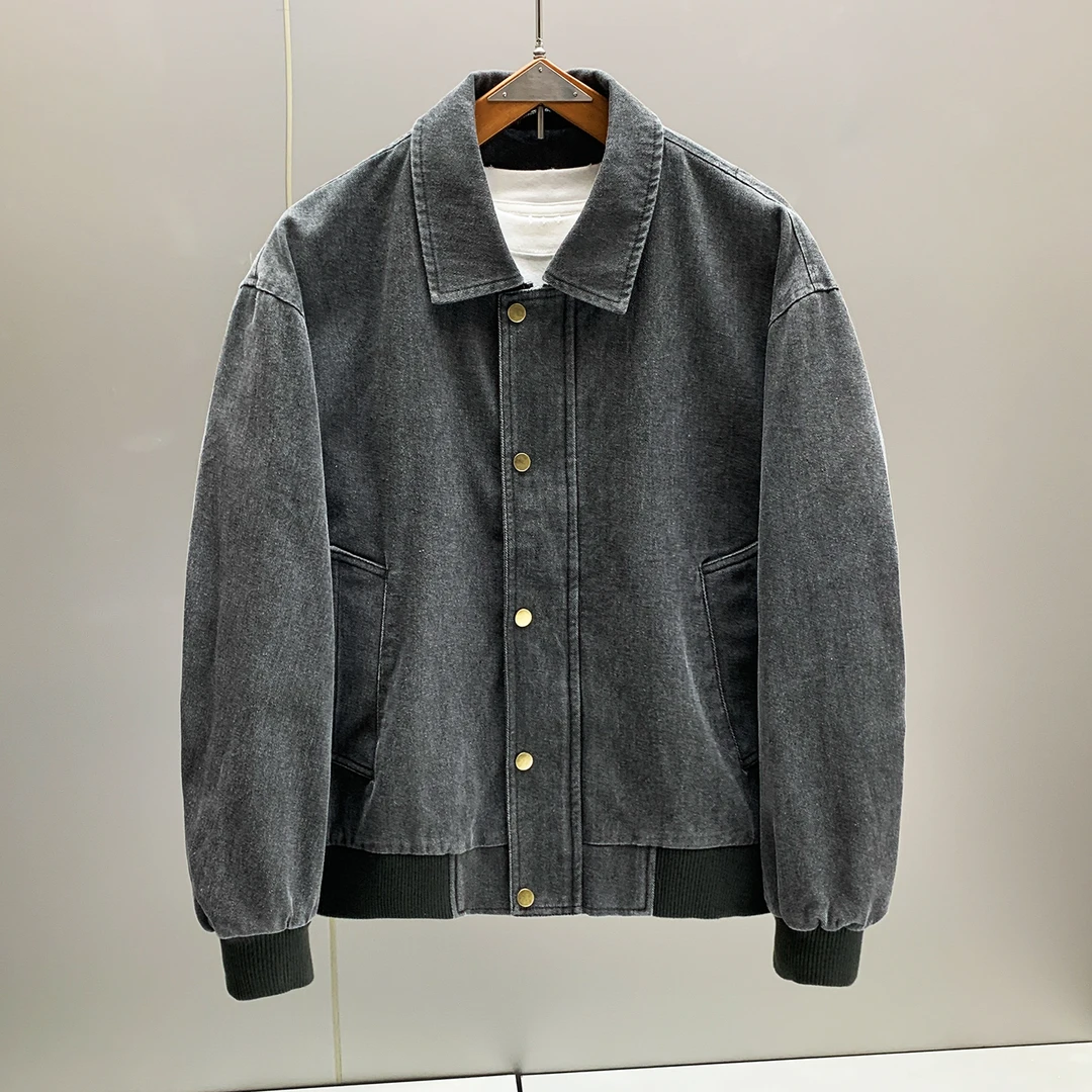 日系时尚休闲纯棉百搭男士外套秋冬潮流翻领宽松水洗做旧牛仔夹克