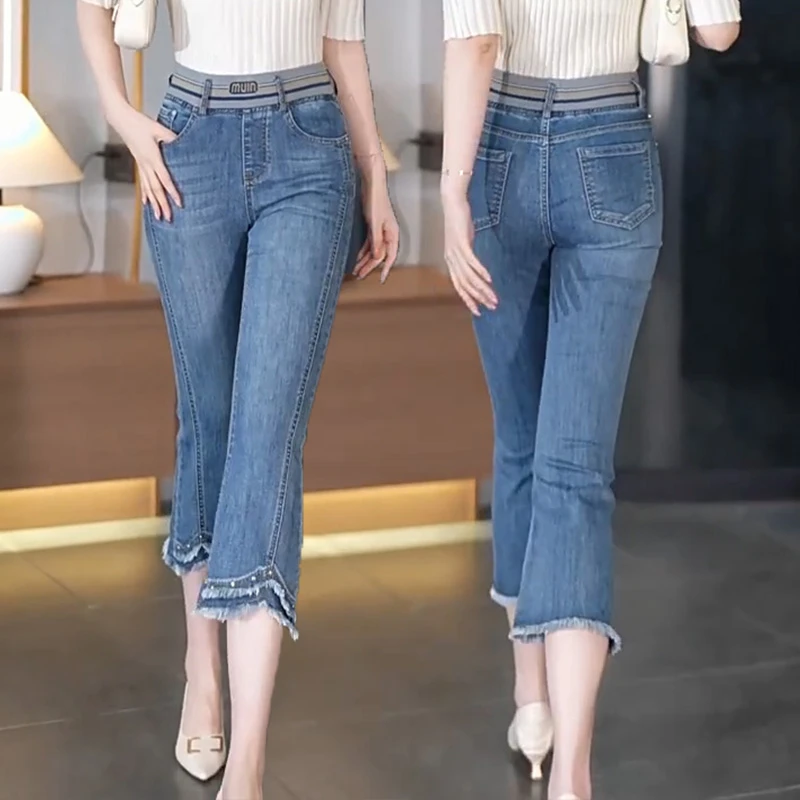 松紧腰微喇叭牛仔裤夏季洋气2025年夏季小个子修身高腰毛边七分