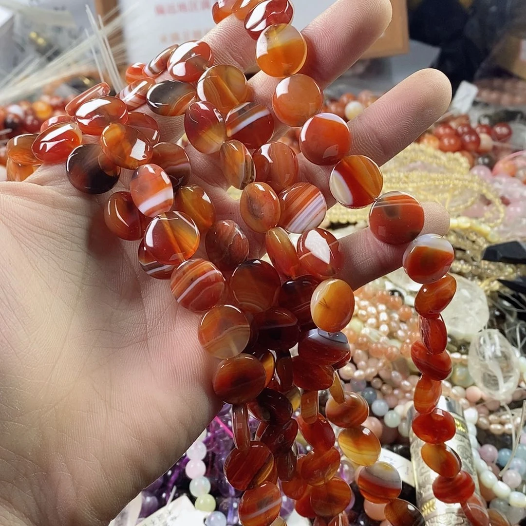 玛瑙/玉髓珠宝半成品未镶嵌一条6×14红玛瑙蚕丝圆饼B233