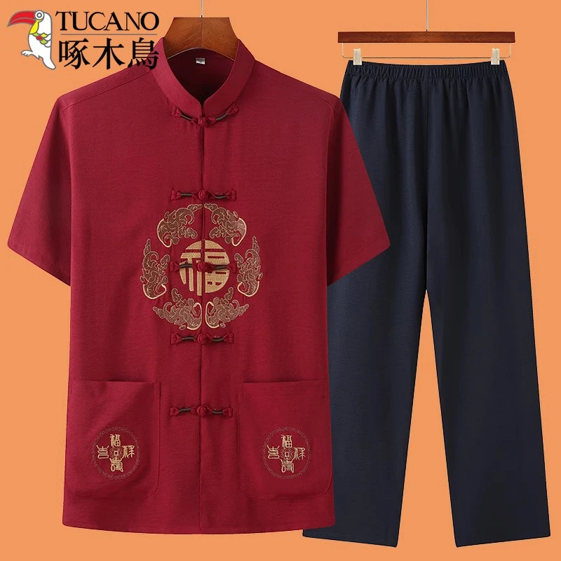 啄木鸟夏季男中老年唐装爷爷生日中国风奶奶汉服老人过寿新款套装