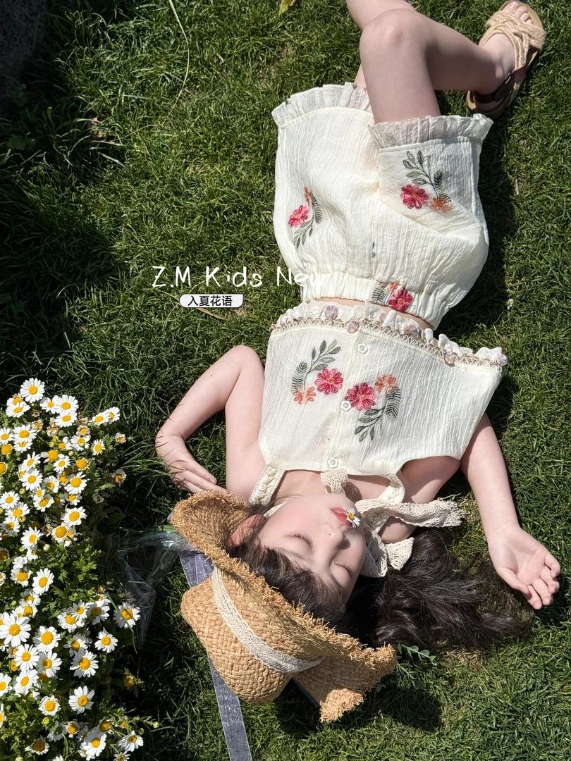 【入夏花语】2025夏季女童吊带上衣短裤两件套儿童刺绣套装B-58370