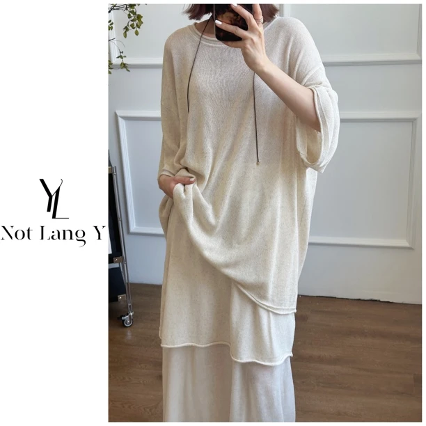LangY 夏季防晒天丝亚麻轻薄针织罩衫背心/短袖/直筒裤套装
