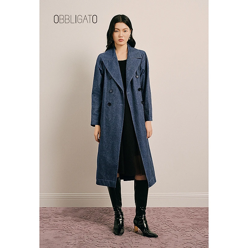 OBBLIGATO奥丽嘉朵2025春季1C35107020新品双排扣肌理感牛仔风衣