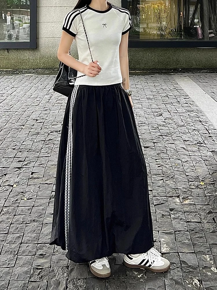 美式花边黑色运动裙半身裙女大码胖mm显瘦高腰花苞裙夏季A字长裙