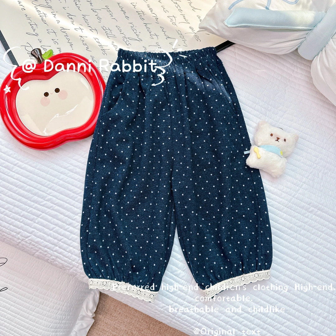 「Dannirabbit」【休闲百搭】满印波点蕾丝边女童束脚卫裤【X-8252】