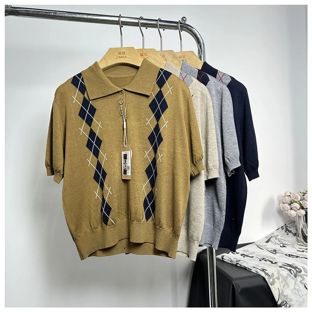 M037夏季新款宽松翻领印花针织短袖T恤女