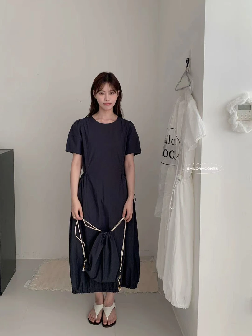 想象@10055 韩系极简下摆松紧裙摆花苞设计带包包连衣裙 6-5