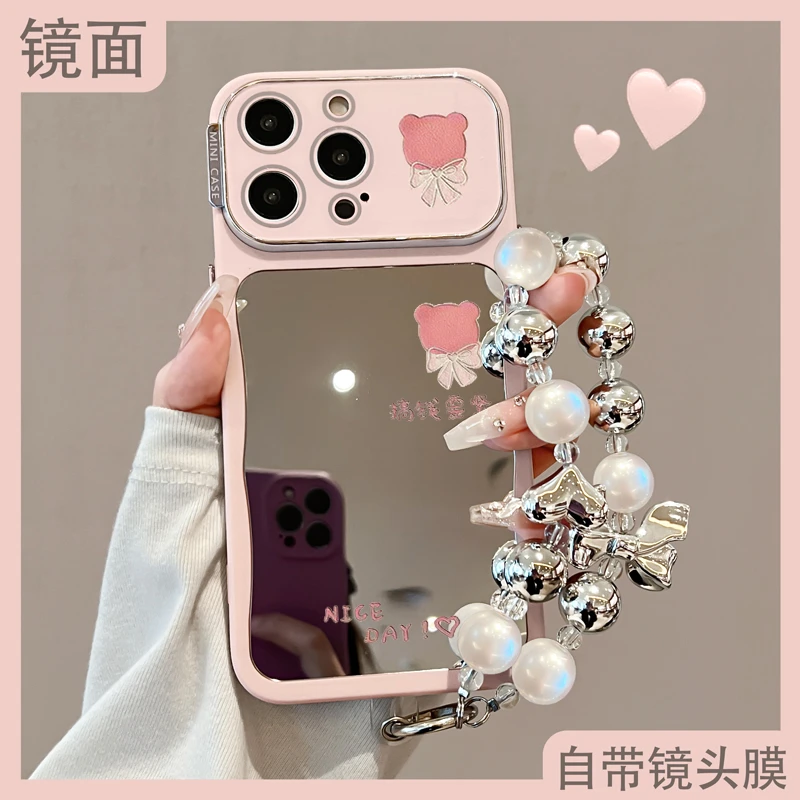 卡通大视窗适用苹果16promax手机壳iPhone15pro带挂绳14网红镜子