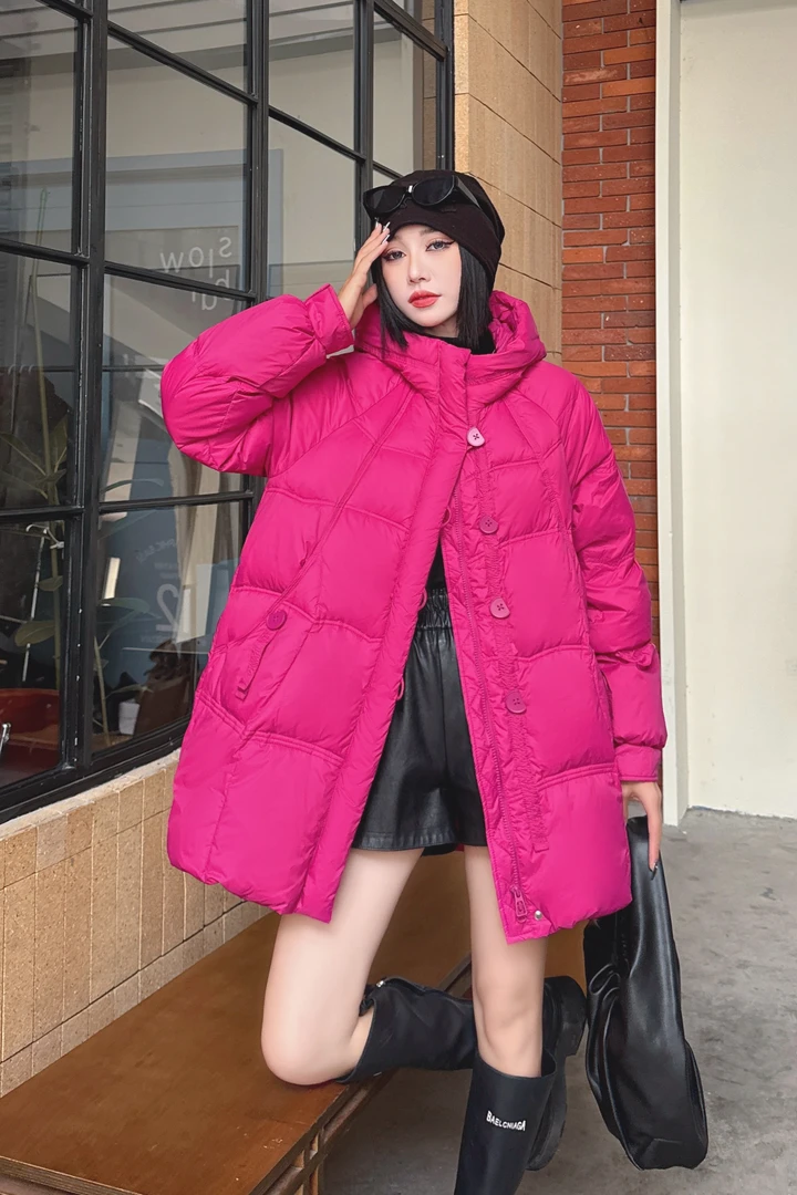 纯色中长款连帽宽松型长袖羽绒外套女W820冬季保暖时尚
